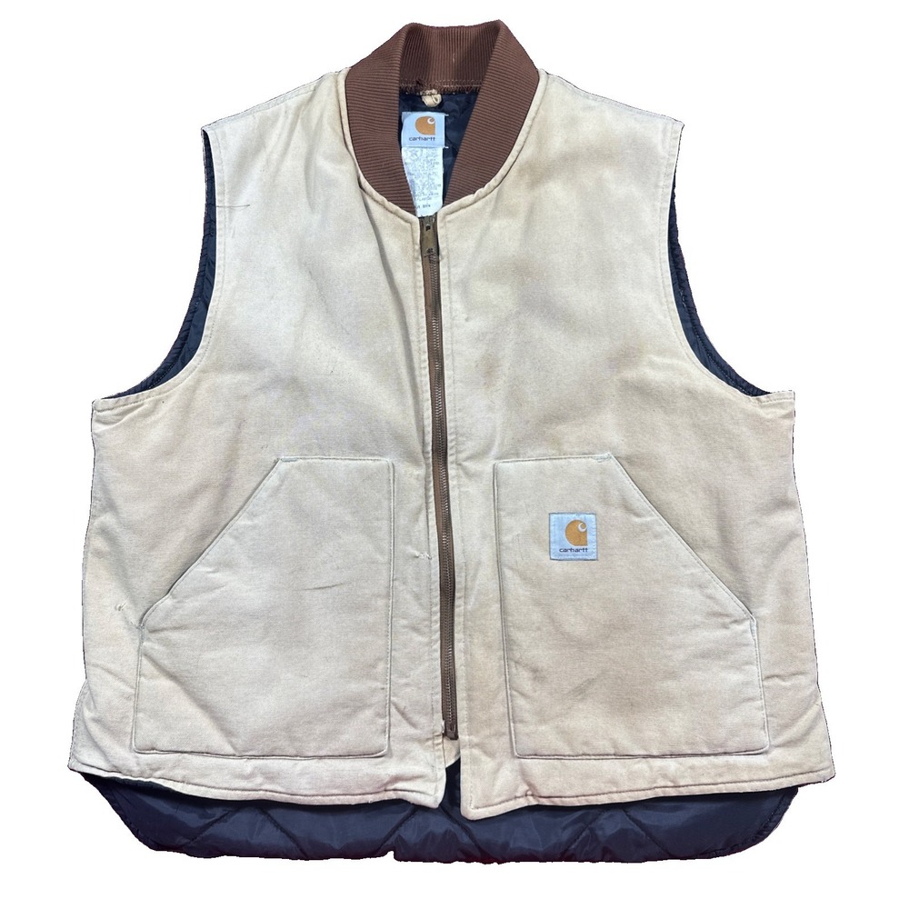 Vintage 90s Carhartt Quilt Lined Vest V01 Tan Cream XL Union USA Made Distressed - Picture 1 of 7